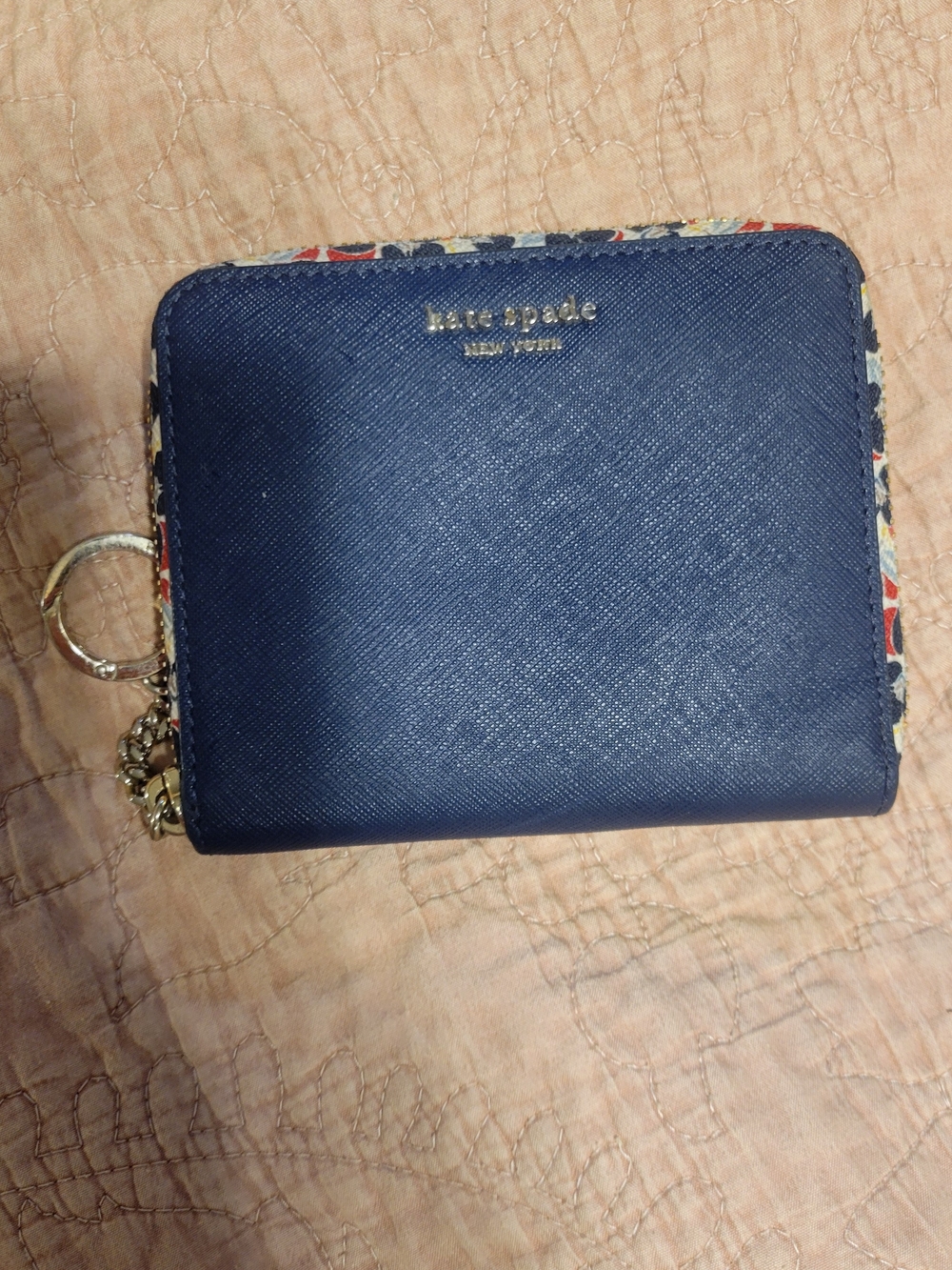 kate spade navy zip-around wallet with floral trim
